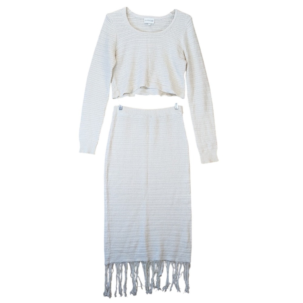 Freshman 1996 Womens Boho Knit Set Crop Top Fringe Midi Skirt Size L Neutral